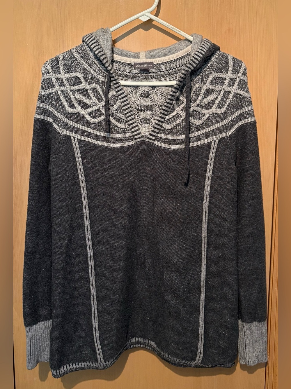 Eddie Bauer Knit Celtic Yoke Knit Pullover Hoodie Sweater Womens M Charcoal Gray